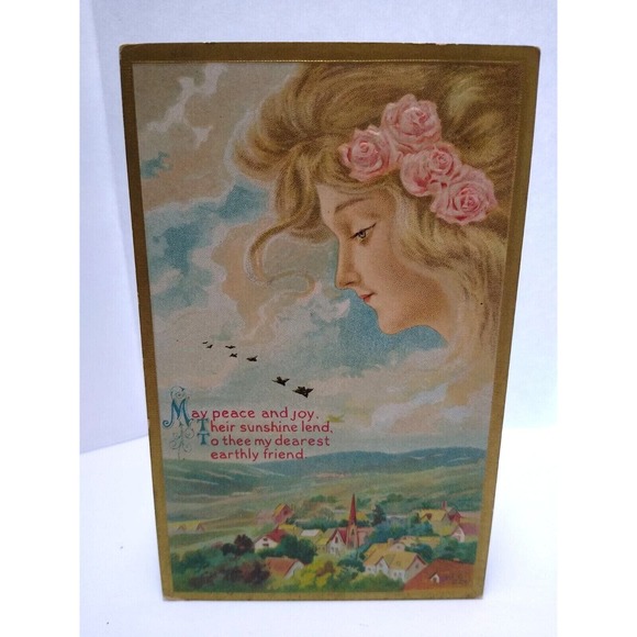 Fantasy Postcard Giant Blonde Goddess In Clouds Looks Down On Village CC No57 - Picture 2 of 3